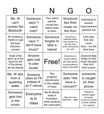 Orchestra Class Bingo Card