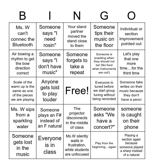 Orchestra Class Bingo Card