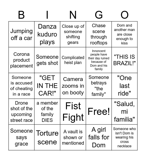 Fast and Furious Bingo (First Movie) Bingo Card