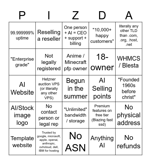 Summer Host Bingo Card