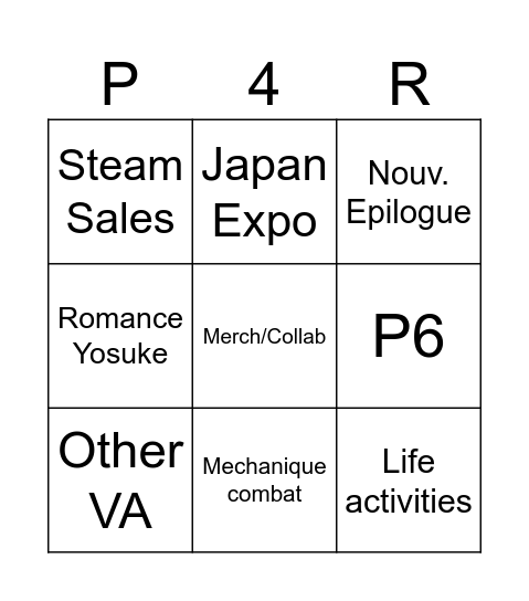 P4R LIVE BINGO Card