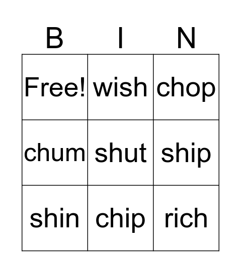 sh and ch Bingo Card