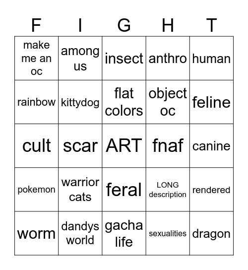 Art Fight bingo Card