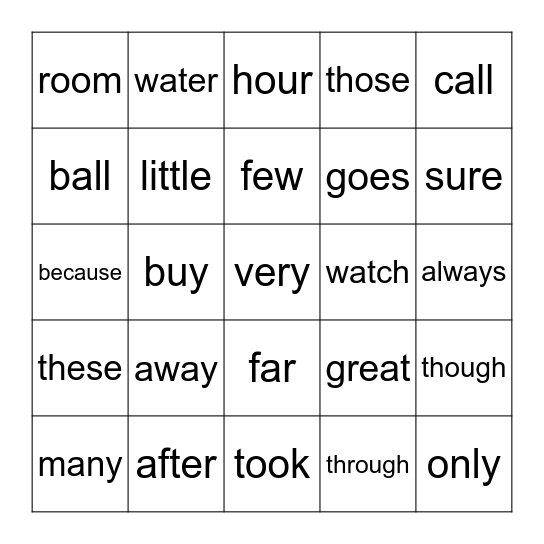 second grade sight words Bingo Card