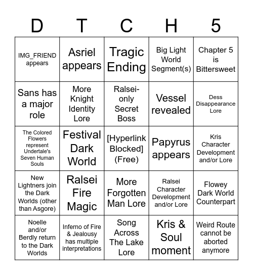 Deltarune Chapter 5 Predictions Bingo Card