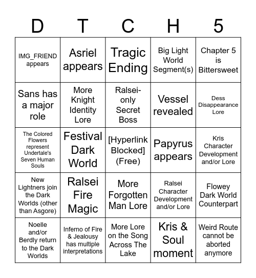 Deltarune Chapter 5 Predictions Bingo Card