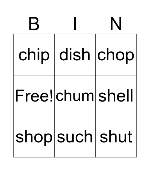 sh and ch Bingo Card