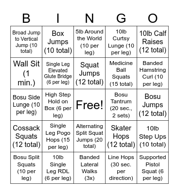 YP Lower Body Bingo Card
