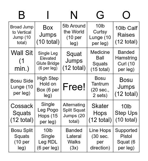 YP Lower Body Bingo Card