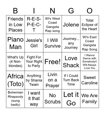 Corporate Karaoke songs Bingo Card