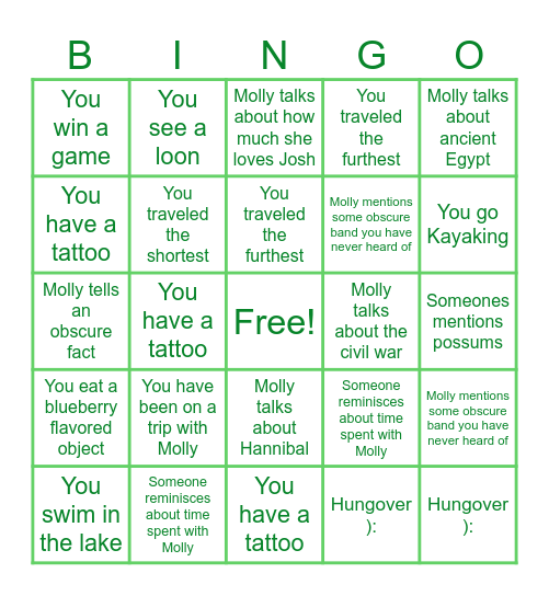 Molly's Bachelorette Bingo Card