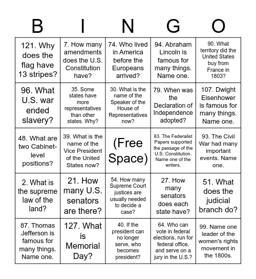 128Q Set 1 Answers Bingo Card