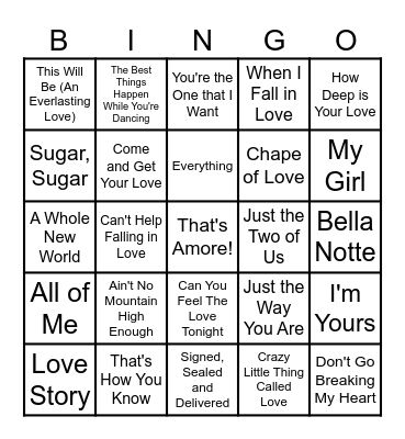 Love Song Bingo Card