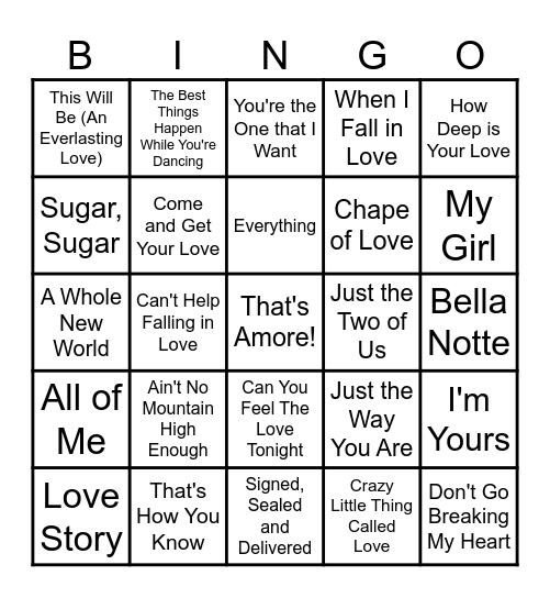 Love Song Bingo Card