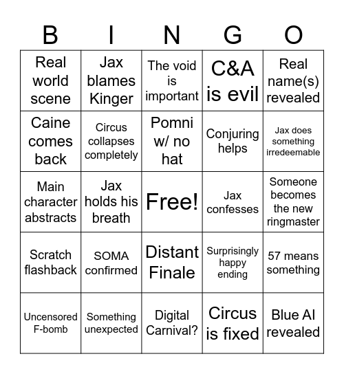 The Amazing Digital Circus Episode 9 Bingo Card