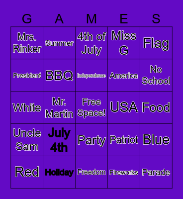 4th of July Bingo Card