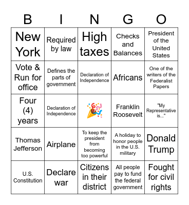 Citizenship Bingo (128 Q) (set 2) Bingo Card