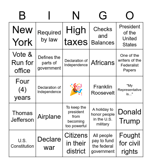 Citizenship Bingo (128 Q) (set 2) Bingo Card
