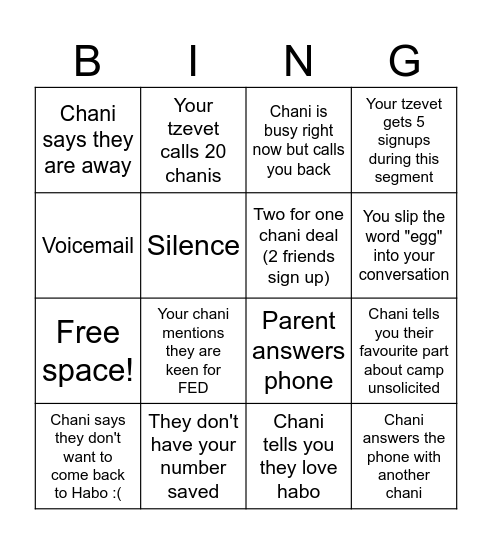 Chaincalling Bingo Card