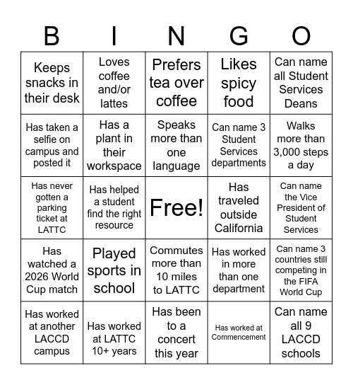 Student Services 2026 Bingo Card