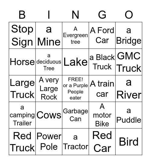 Driving Bingo Card