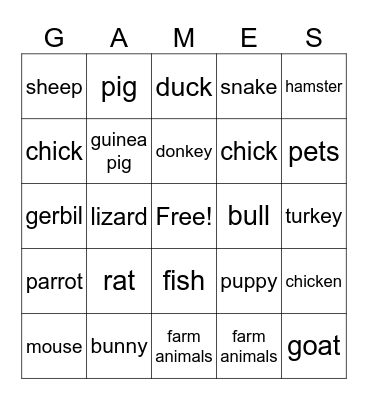 pets & farm animals Bingo Card