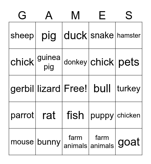 pets & farm animals Bingo Card