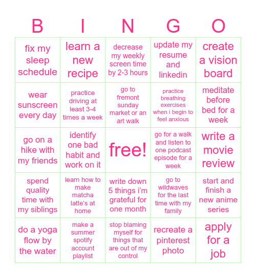 linh’s summer bingo 🍉 Bingo Card