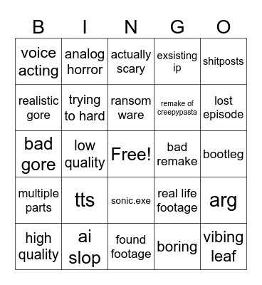 youtube horror Bingo Card