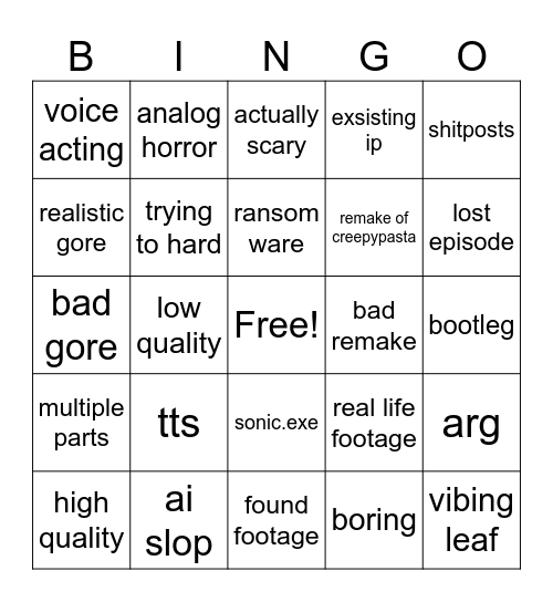 youtube horror Bingo Card