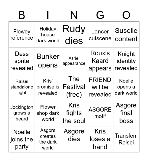 Deltarune Bingo Card