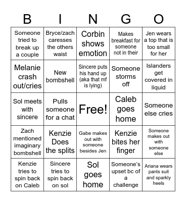 Love Island Bingo Card