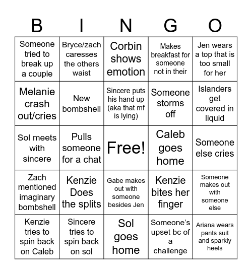 Love Island Bingo Card