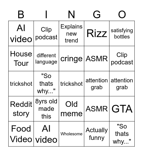 Youtube Shorts Bingo Card