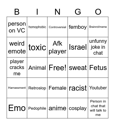 Roblox bingo Card