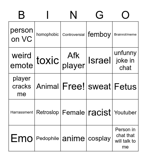 Roblox bingo Card