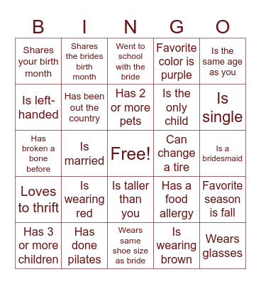 Bridal Bingo Card