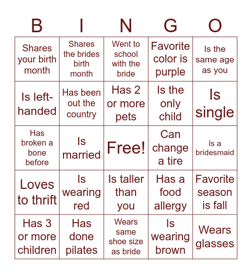 Bridal Bingo Card