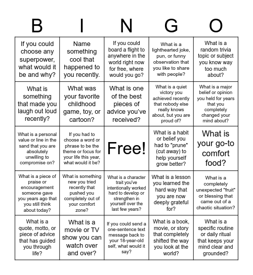 Friendship Bingo Card