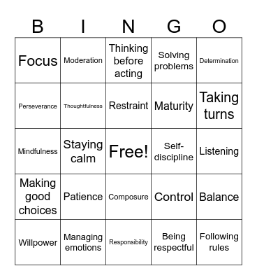 Self Control Boot Camp Bingo Card
