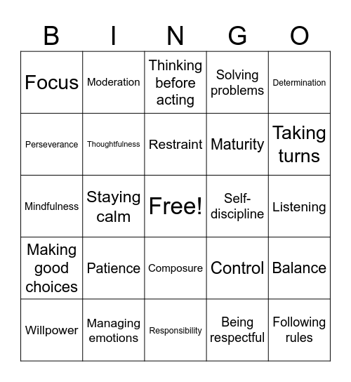 Self Control Boot Camp Bingo Card