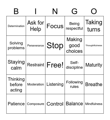 Self Control Boot Camp Bingo Card