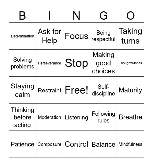 Self Control Boot Camp Bingo Card