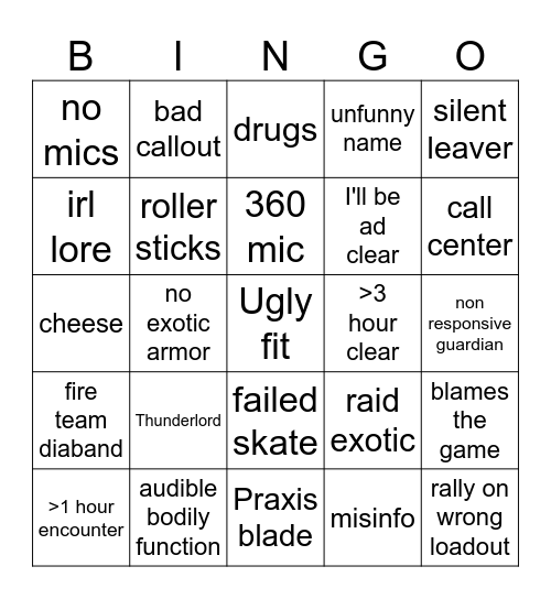 Raid bingo Card