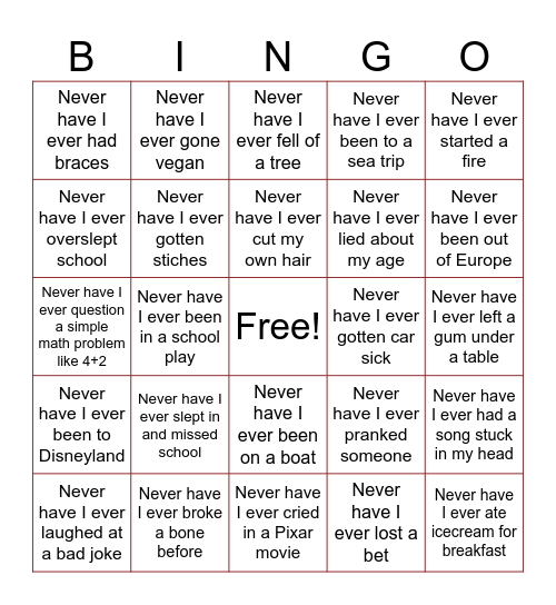 Never Have I Ever Bingo Card