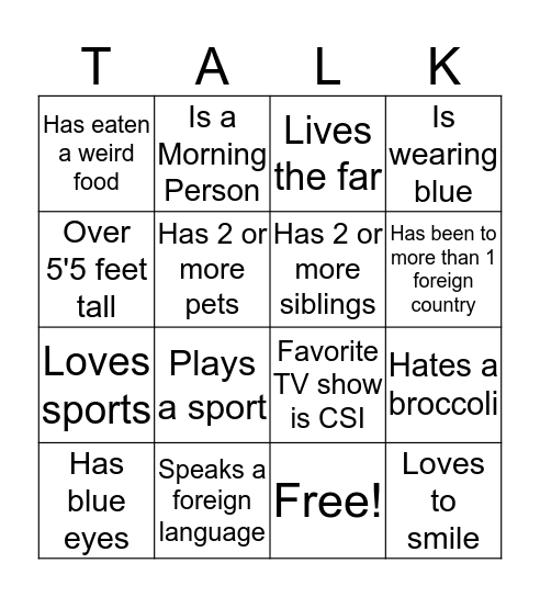 Girl Talk Bingo Card