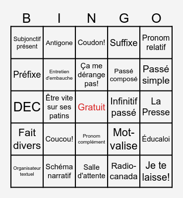 Bingo de fin de session - Niveau 6 Bingo Card