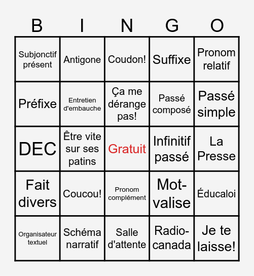 Bingo de fin de session - Niveau 6 Bingo Card