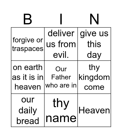 Our Father Bingo Card