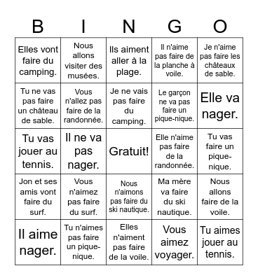 Les Activités d'Été Bingo Card